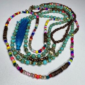 Vintage Colorful Mixed Media Beaded Necklace with Tassel 17” Drop